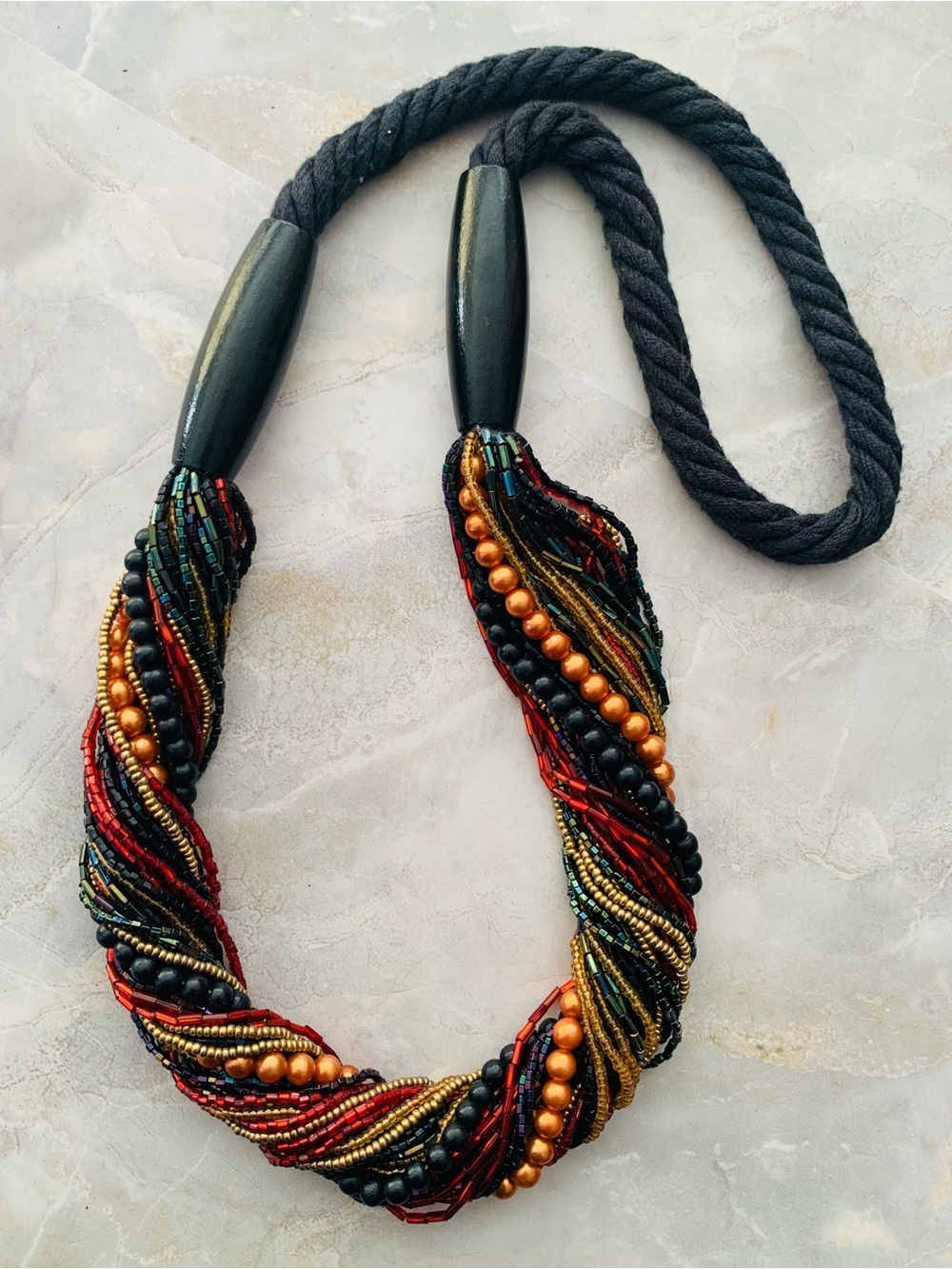 Artisan Multistrand Beaded Necklace in Black, Gold & Red